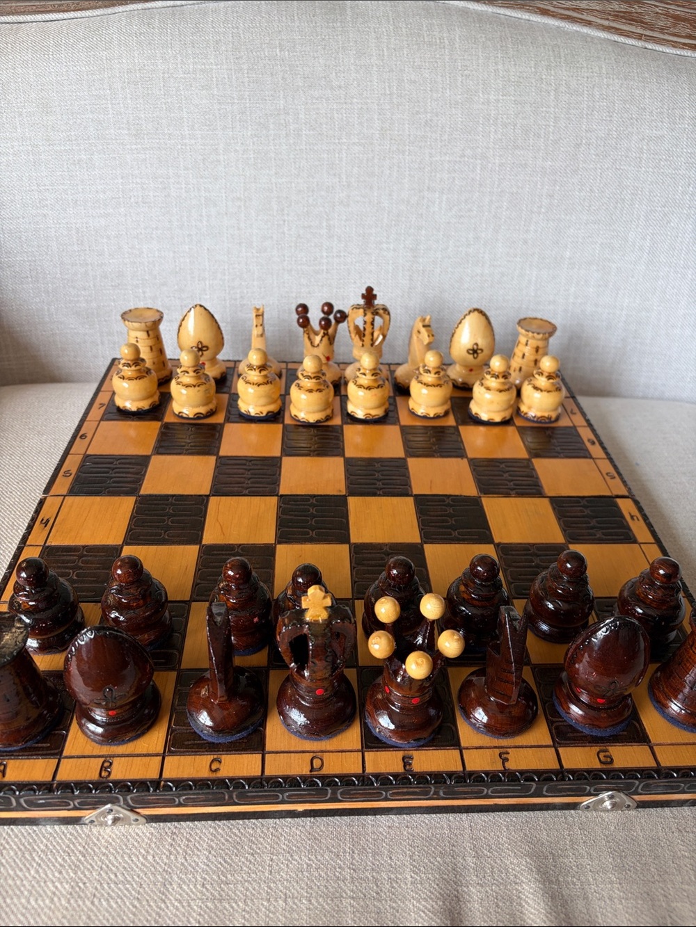 Vintage Hand-Carved Wooden Chess Set in Brown and Cream